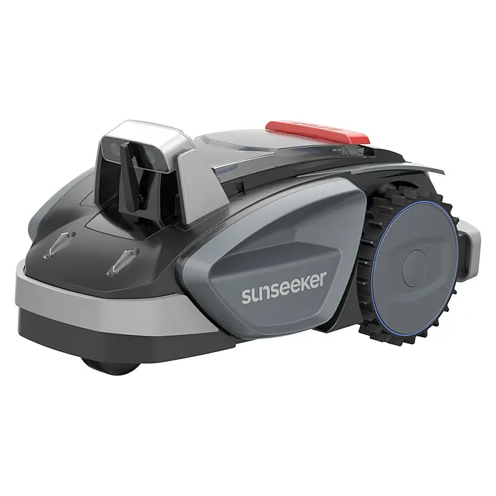 Sunseeker Mähroboter-Set V3 inkl. Garage - 600 m², Schnittbreite: 18 cm, Kamera-gestützte Navigation - Nahaufnahme eines Sunseeker-Robotermähers, der modernes Design und Funktionalität für die Rasenpflege vereint.