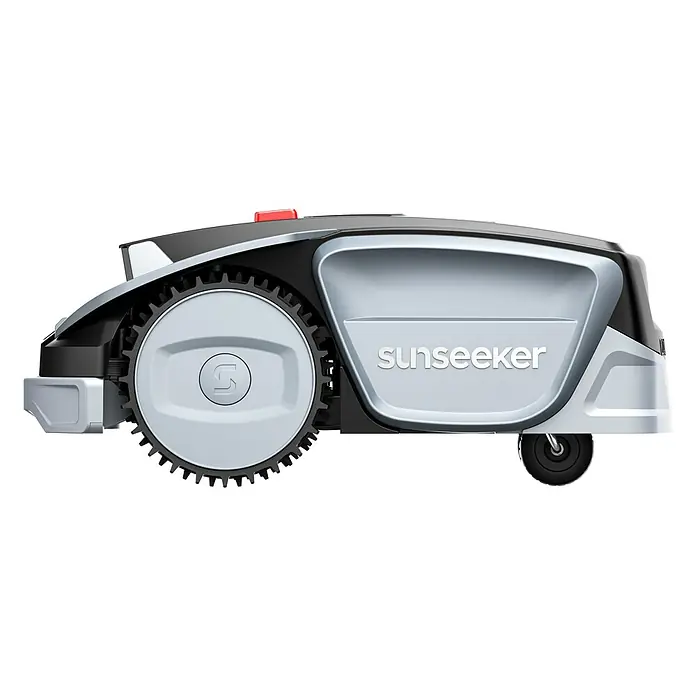Sunseeker Mähroboter S3 - 800 m², Schnittbreite: 18 cm, Kamera-gestützte Navigation, RTK - Abbildung eines Sunseeker-Mähroboters in elegantem Design mit robusten Rädern und einer klaren Linienführung.