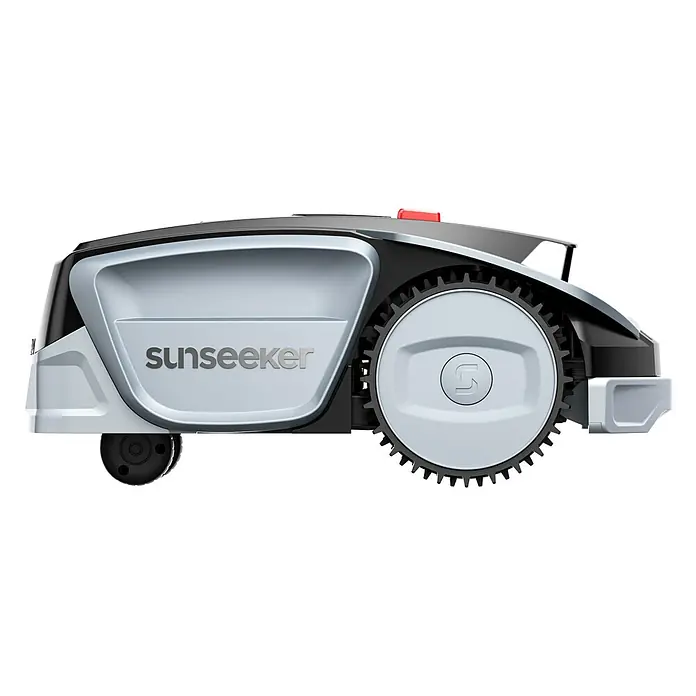 Sunseeker Mähroboter S3 - 800 m², Schnittbreite: 18 cm, Kamera-gestützte Navigation, RTK - Ein moderner Rasenmähroboter von Sunseeker in Grau und Schwarz. Das Gerät verfügt über ein markantes Design mit robusten Rädern.