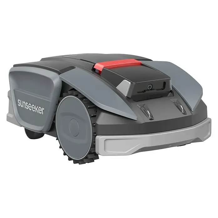Sunseeker Mähroboter S3 - 800 m², Schnittbreite: 18 cm, Kamera-gestützte Navigation, RTK - Nahaufnahme eines grauen Sunseeker-Mähroboters mit roten Akzenten, der auf einem schwarzen Hintergrund steht.