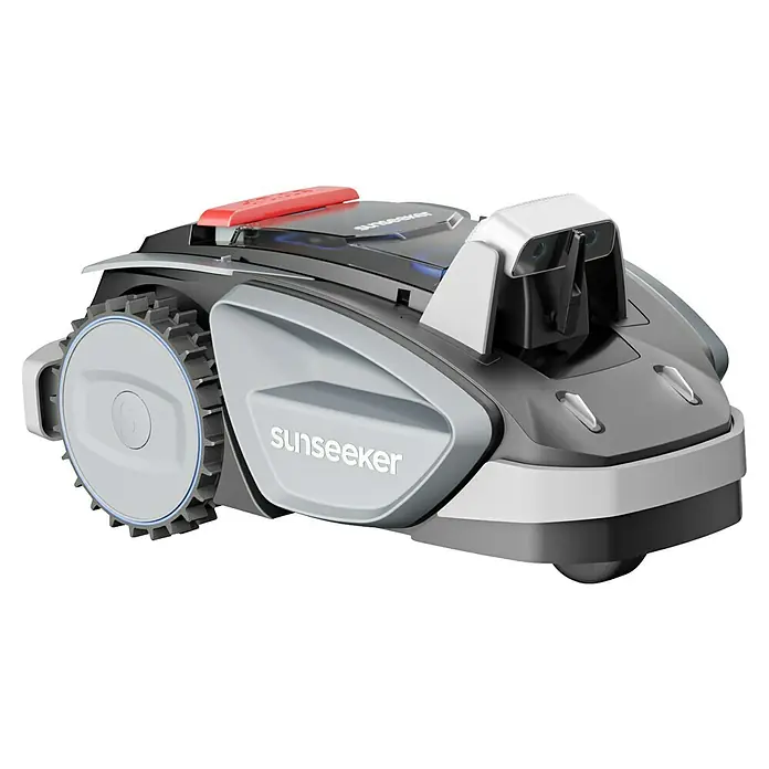 Sunseeker Mähroboter-Set V3 inkl. Garage - 600 m², Schnittbreite: 18 cm, Kamera-gestützte Navigation - Nahaufnahme eines Sunseeker Mähroboters mit Grau-, Schwarz- und Rottönen. Der Roboter hat Räder mit Zahnkranz.