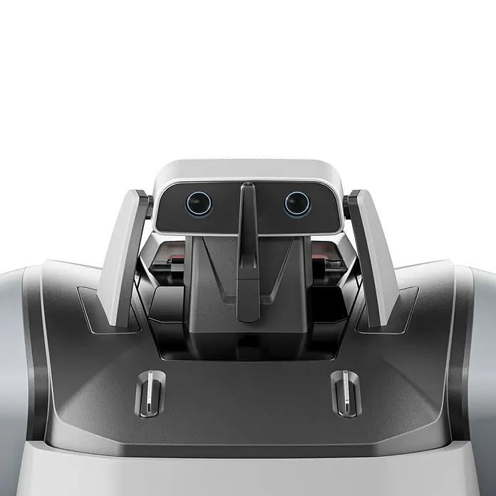 Sunseeker Mähroboter-Set V3 inkl. Garage - 600 m², Schnittbreite: 18 cm, Kamera-gestützte Navigation - Nahaufnahme eines Roboters mit weißem Kopf und schwarzen Augen. Das futuristische Design betont die moderne Technologie.