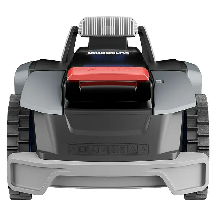 Sunseeker Mähroboter-Set V3 inkl. Garage - 600 m², Schnittbreite: 18 cm, Kamera-gestützte Navigation - Nahaufnahme eines Sunseeker-Rasenmähroboters mit rotem Stoppknopf und robusten Raupenketten.