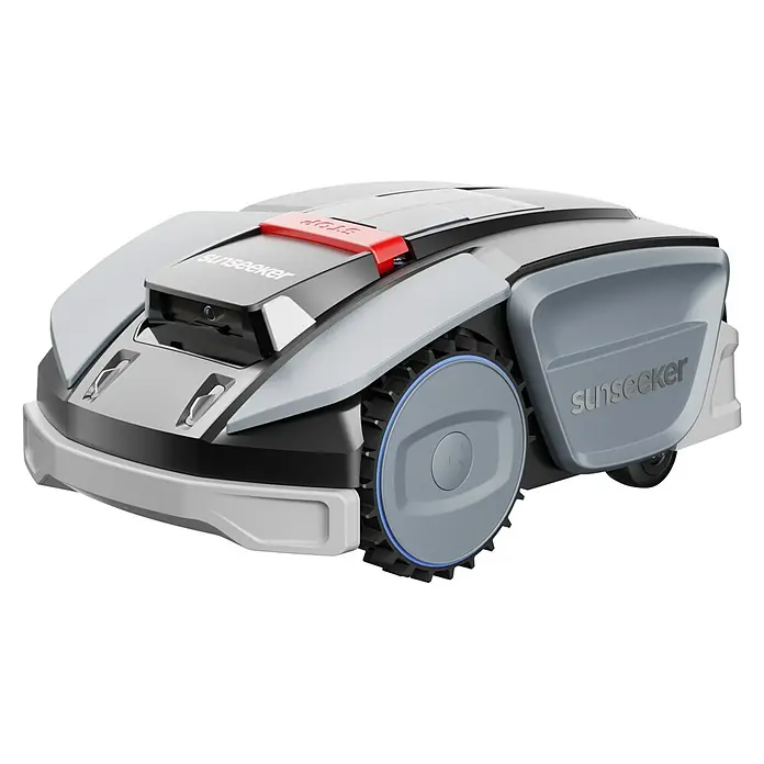 Sunseeker Mähroboter S3 - 800 m², Schnittbreite: 18 cm, Kamera-gestützte Navigation, RTK - Sunseeker Mähroboter im Detailansicht. Der graue Roboter verfügt über einen roten Stoppknopf und sichtbare Logos.