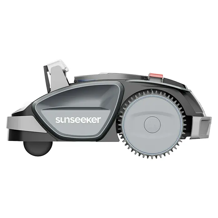 Sunseeker Mähroboter-Set V3 inkl. Garage - 600 m², Schnittbreite: 18 cm, Kamera-gestützte Navigation - Ein seitliches Bild des Sunseeker Mähroboters, das sein elegantes Design und seine robusten Räder zeigt. Ideal für einen gepflegten Rasen.