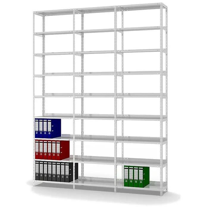 Proregal Aktenregal MAGNUS Schraubsystem - H x B x T: 290 x 75 x 30 cm, Traglast pro Boden: 60 kg, Anzahl Böden: 9 Stk., Schrauben, Lichtgrau