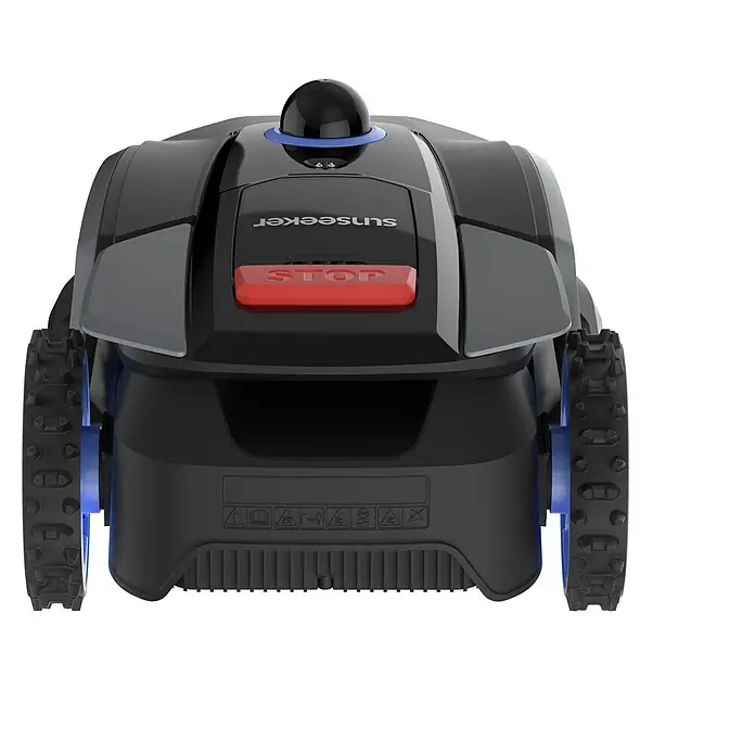 Sunseeker Mähroboter S4 - 1.000 m², Schnittbreite: 18 cm, Laser-gestützte Navigation, LiDAR - Produktansicht eines Sunseeker-Mähroboters mit Fokus auf Design, “STOP”-Taste und den robusten Rädern für Rasenpflege.