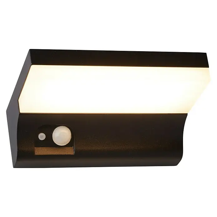 Searchlight Solar-Außenwandleuchte - 2 W, L x B x H: 16 x 16 x 6 cm, Schwarz, IP54 - Nahaufnahme einer LED-Wandleuchte mit Bewegungsmelder, die ein warmes, einladendes Licht ausstrahlt.