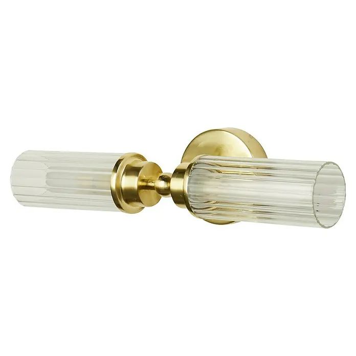 Searchlight Wandleuchte Imperial - 7 W, L x B x H: 37 x 14 x 10 cm, Messing, G9 - Elegante Wandleuchte mit zwei geriffelten Glasröhren und goldfarbenen Metallakzenten, die ein warmes und stilvolles Licht erzeugt.