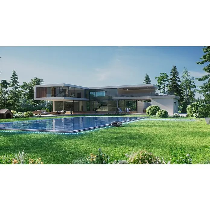 Sunseeker Mähroboter S5 - 1.600 m², Schnittbreite: 20 cm, Kamera-gestützte Navigation, RTK - Moderne Villa mit Pool und einem Rasenmähroboter, der das Gras pflegt. Ein luxuriöses Zuhause mit Garten und moderner Technologie.