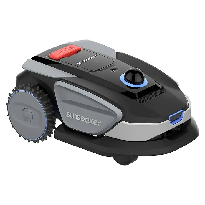 Sunseeker Mähroboter S4 - 1.000 m², Schnittbreite: 18 cm, Laser-gestützte Navigation, LiDAR - Der Sunseeker Mähroboter in Schwarz und Grau. Er verfügt über einen roten Stopp-Knopf und blaue Akzente an Rädern und Sensoren.