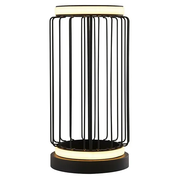 Searchlight LED-Tischleuchte rund Circolo - 12 W, Ø x H: 16 x 33 cm, Schwarz/ Weiß, Warmweiß - Schwarze, zylindrische Gitterlampe mit leuchtenden Ringen oben und unten. Elegantes Design für stimmungsvolle Beleuchtung.