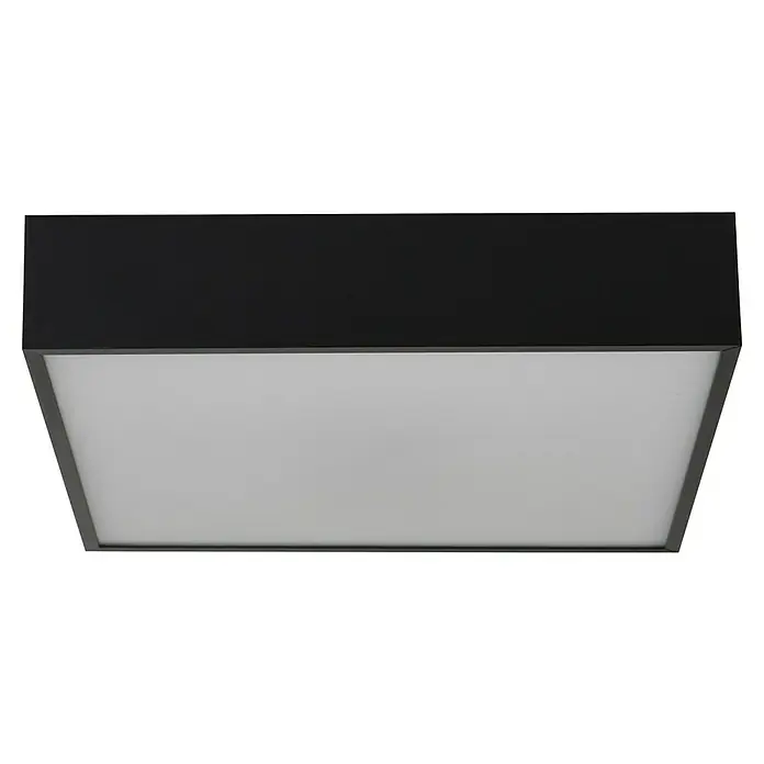 Searchlight LED-Deckenleuchte Zeus - 16 W, L x B x H: 30 x 30 x 6 cm, Schwarz, Warmweiß - Nahaufnahme einer quadratischen LED-Deckenleuchte mit einem schwarzen Rahmen und einer diffusen weißen Abdeckung.