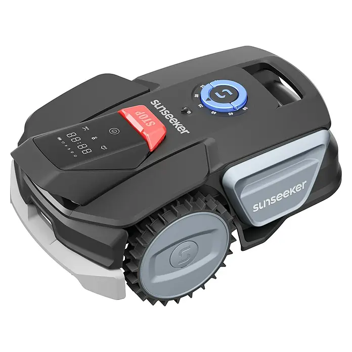 Sunseeker Mähroboter-Set V1 inkl. Garage - 300 m², Schnittbreite: 16 cm, Kamera-gestützte Navigation - Nahaufnahme eines Sunseeker Robotermähers, der intelligentes Rasenmähen mit fortschrittlichen Funktionen bietet.