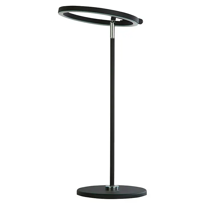 Searchlight LED-Tischleuchte Space - 12 W, L x B x H: 27,5 x 20 x 49 cm, Schwarz, Warmweiß - Elegante Stehleuchte mit ringförmigem Lampenschirm und schlankem, dunklem Ständer auf rundem Fuß für modernes Ambiente.