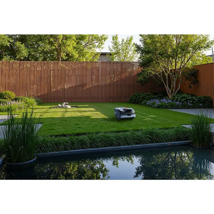 Sunseeker Mähroboter-Set V1 inkl. Garage - 300 m², Schnittbreite: 16 cm, Kamera-gestützte Navigation - Ein moderner Garten mit einem automatischen Rasenmäher auf dem grünen Rasen, umgeben von stilvoller Landschaftsgestaltung und einem reflektierenden Teich.
