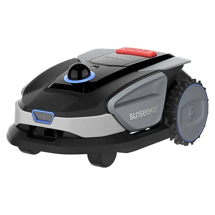 Sunseeker Mähroboter S4 - 1.000 m², Schnittbreite: 18 cm, Laser-gestützte Navigation, LiDAR - Ein kompakter Sunseeker Mähroboter in Schwarz und Grau mit robusten Rädern und einem roten Stoppknopf.
