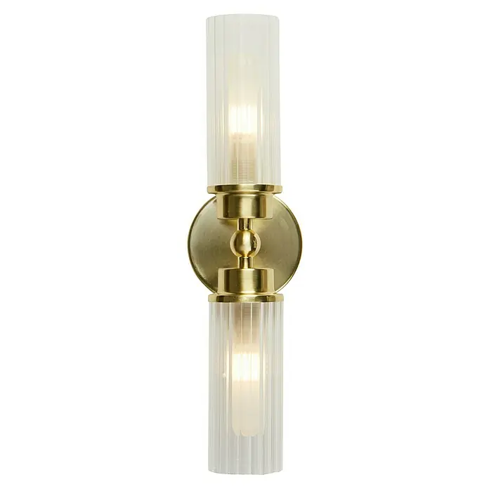 Searchlight Wandleuchte Imperial - 7 W, L x B x H: 37 x 14 x 10 cm, Messing, G9 - Elegante Wandleuchte mit zwei geriffelten Glaszylindern und goldenem Metallakzent für stilvolle Beleuchtung.