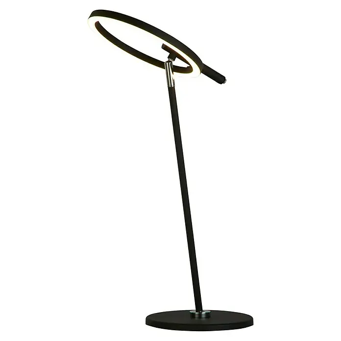Searchlight LED-Tischleuchte Space - 12 W, L x B x H: 27,5 x 20 x 49 cm, Schwarz, Warmweiß - Stehleuchte mit einem runden, leuchtenden Lampenschirm und einem schlanken, schwarzen Gestell.