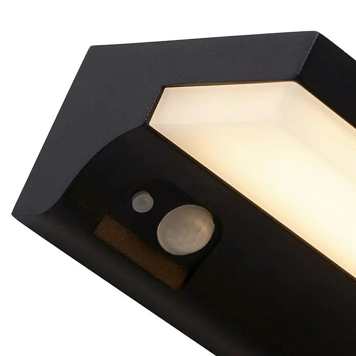 Searchlight Solar-Außenwandleuchte - 2 W, L x B x H: 16 x 16 x 6 cm, Schwarz, IP54 - Nahaufnahme einer schwarzen Solarleuchte mit Bewegungsmelder und integriertem Lichtsensor für den Außenbereich.
