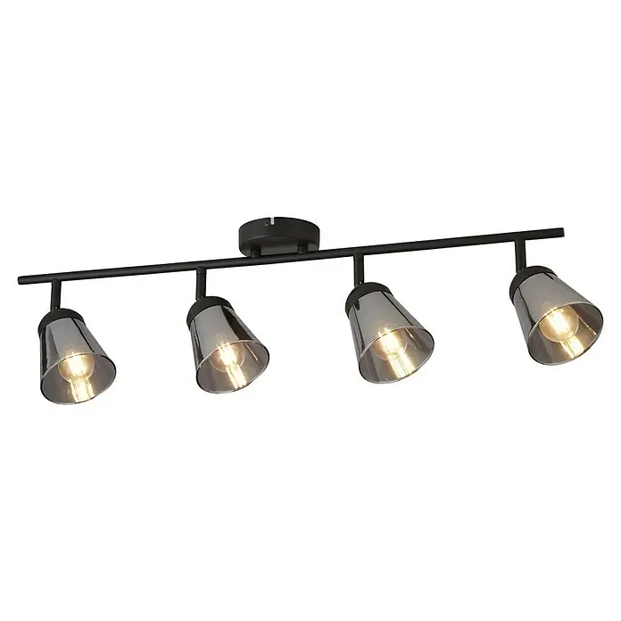 Searchlight Deckenstrahler Mega - 40 W, L x B x H: 83 x 24 x 16 cm, Schwarz/ Rauchglas, E14 - Deckenleuchte mit vier Strahlern und grauen Glasschirmen. Das Gestell ist in Schwarz gehalten. Modernes Design für Wohnräume.