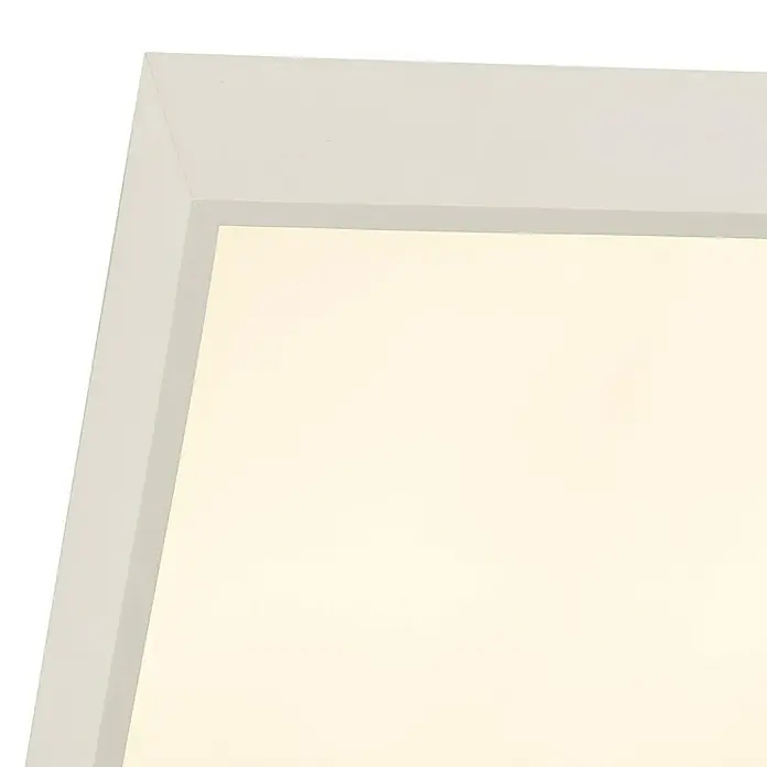 Searchlight LED-Deckenleuchte Zeus - 16 W, L x B x H: 30 x 30 x 6 cm, Weiß, Warmweiß - Nahaufnahme einer weißen LED-Deckenleuchte mit Rahmen. Sorgt für helles, modernes Licht in jedem Raum und ist eine stilvolle Ergänzung.