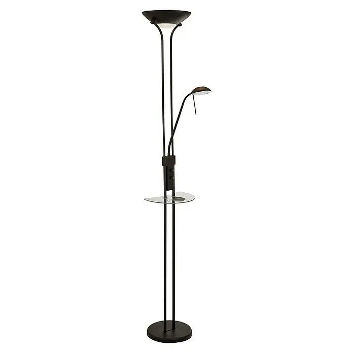 Searchlight LED-Stehleuchte Mother & Child Inkl. Handyladestation - 22,4 W, Höhe: 1,8 cm, Schwarz, Warmweiß - Diese Aufnahme zeigt eine elegante Stehlampe in dunkler Farbe mit einem Lesearm und einem zusätzlichen Licht nach oben für indirekte Beleuchtung.