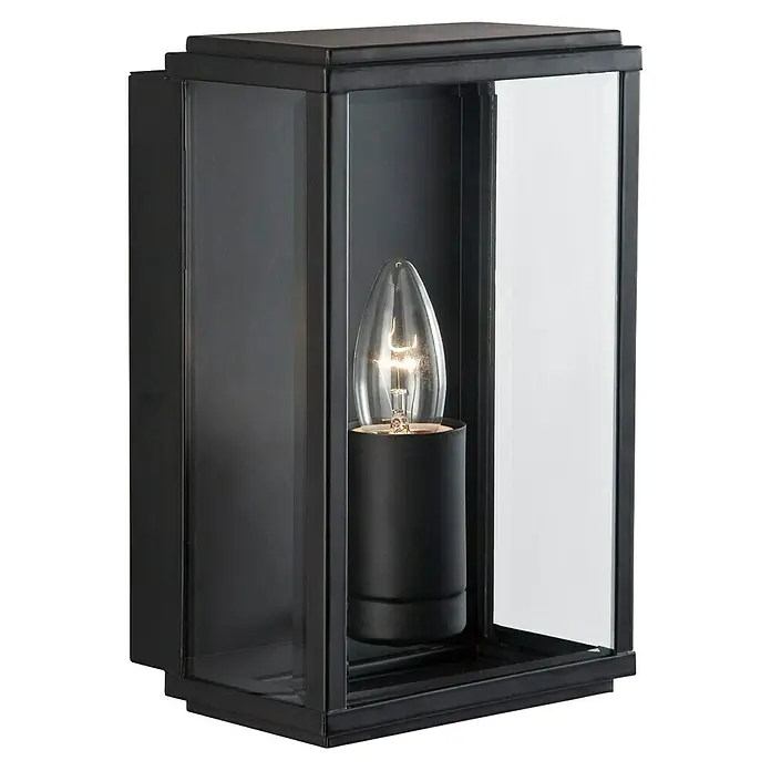 Searchlight LED-Außenwandleuchte Box - 60 W, 16 x 16 x 25 cm, Schwarz, IP44 - Eine moderne schwarze Außenwandleuchte mit klaren Glaspaneelen, die ein warmes Licht abgibt. Das schlichte Design ergänzt jede Hausfassade.
