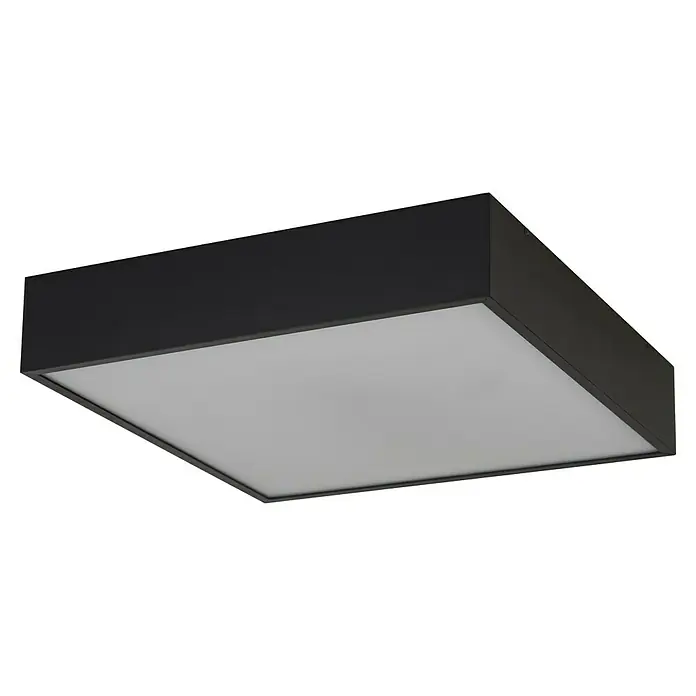 Searchlight LED-Deckenleuchte Zeus - 16 W, L x B x H: 30 x 30 x 6 cm, Schwarz, Warmweiß - Eine moderne, quadratische Deckenleuchte in Schwarz mit einem hellen, diffusen Lichtpaneel, ideal für Büro oder Wohnraum.
