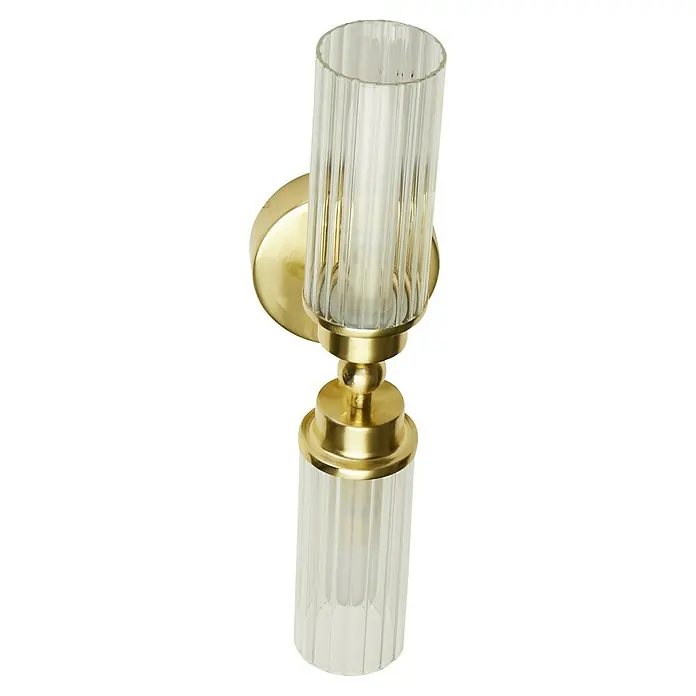 Searchlight Wandleuchte Imperial - 7 W, L x B x H: 37 x 14 x 10 cm, Messing, G9 - Elegante Wandleuchte mit zwei Lampen und geriffelten Glaszylindern, montiert auf einem goldenen Metallrahmen, für stilvolle Beleuchtung.
