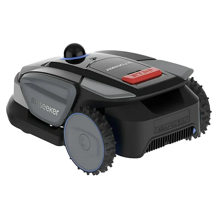 Sunseeker Mähroboter S4 - 1.000 m², Schnittbreite: 18 cm, Laser-gestützte Navigation, LiDAR - Nahaufnahme eines Sunseeker Mähroboters, der durch sein modernes Design und seine fortschrittliche Technologie besticht.