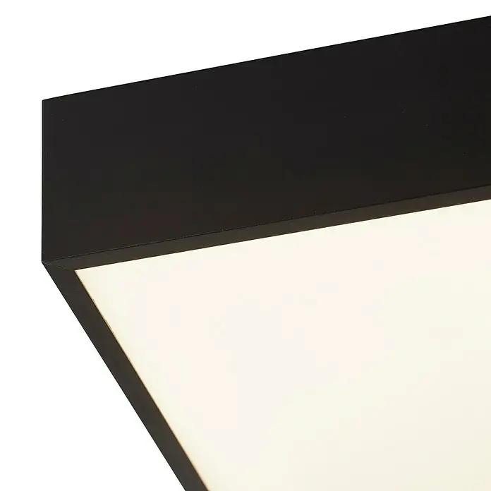 Searchlight LED-Deckenleuchte Zeus - 16 W, L x B x H: 30 x 30 x 6 cm, Schwarz, Warmweiß - Detailaufnahme einer modernen, quadratischen Deckenleuchte mit einem schwarzen Rahmen und einem hellen, diffusen Licht.