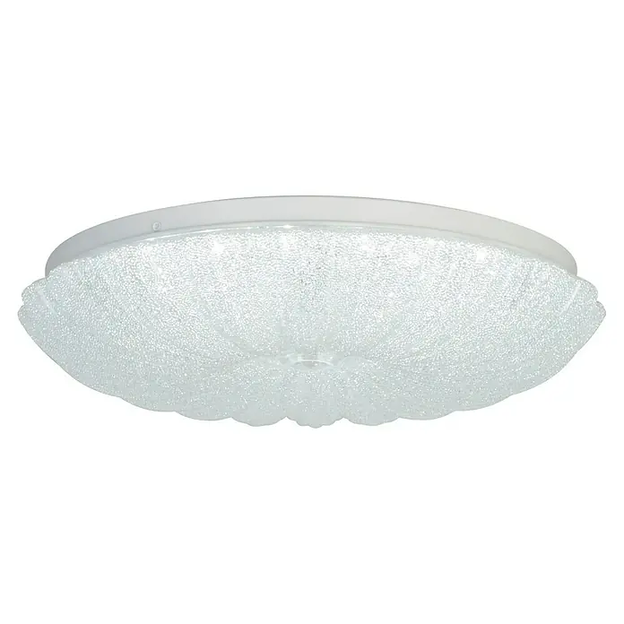 Searchlight LED-Deckenleuchte rund Pandora - 25 W, Ø x H: 33 x 7 cm, Klar, Warmweiß - Nahaufnahme einer runden, weißen Deckenleuchte mit einem strukturierten Lampenschirm, der ein sanftes Licht erzeugt.