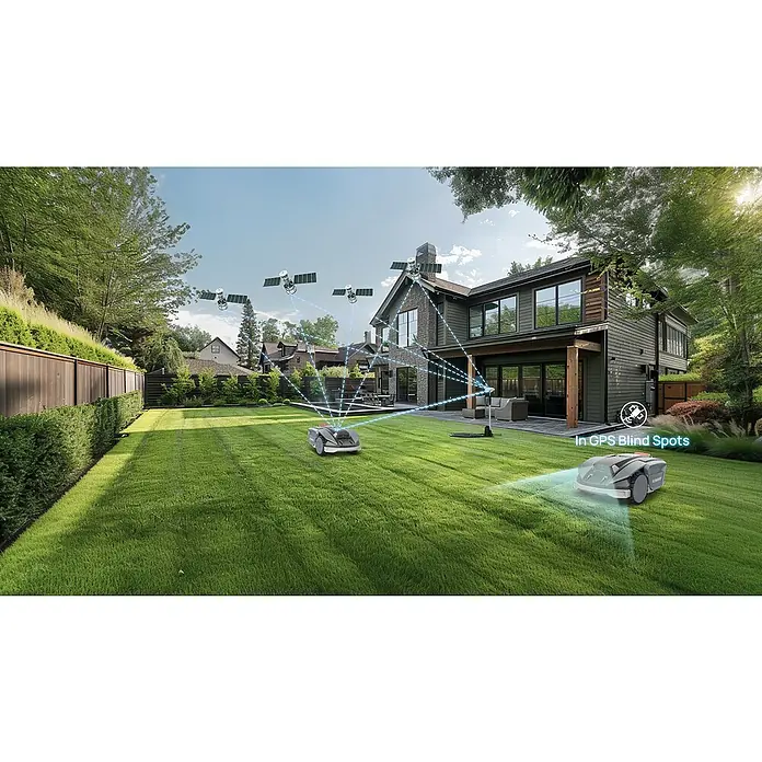Sunseeker Mähroboter S5 - 1.600 m², Schnittbreite: 20 cm, Kamera-gestützte Navigation, RTK - Ein Rasenmähroboter navigiert in einem Garten mit GPS-Unterstützung, während ein anderer in einem GPS-blinden Bereich arbeitet.