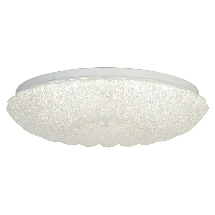 Searchlight LED-Deckenleuchte rund Pandora - 25 W, Ø x H: 33 x 7 cm, Klar, Warmweiß - Nahaufnahme einer stilvollen, runden Deckenleuchte mit weißem Rahmen und dekorativem Glasdiffusor.