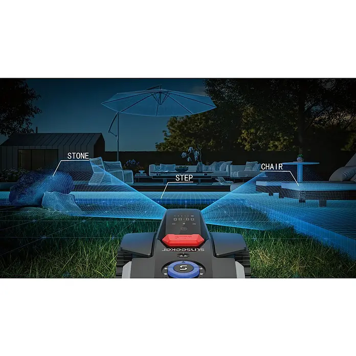 Sunseeker Mähroboter-Set V1 inkl. Garage - 300 m², Schnittbreite: 16 cm, Kamera-gestützte Navigation - Intelligenter Sunseeker-Mähroboter mit Hinderniserkennung für einen präzisen und effizienten Rasenschnitt.