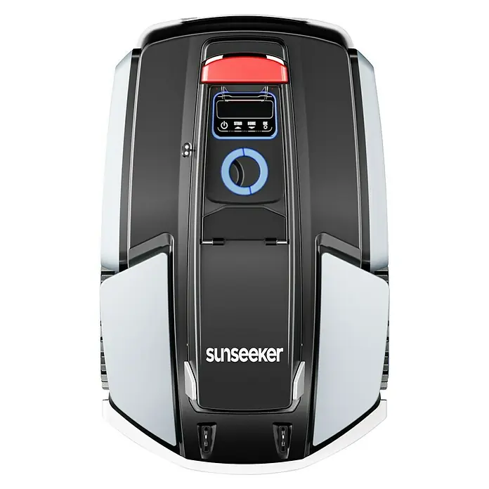 Sunseeker Mähroboter S5 - 1.600 m², Schnittbreite: 20 cm, Kamera-gestützte Navigation, RTK - Sunseeker Pool Solarheizung. Die Solarheizung ist schwarz und hat einen roten Griff und einen blauen Drehknopf.