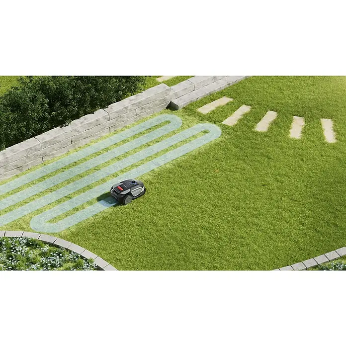 Sunseeker Mähroboter S4 - 1.000 m², Schnittbreite: 18 cm, Laser-gestützte Navigation, LiDAR - Automatischer Rasenmäher beim Mähen des Rasens. Er folgt einem vorgegebenen Pfad und sorgt für einen gleichmäßigen Schnitt.