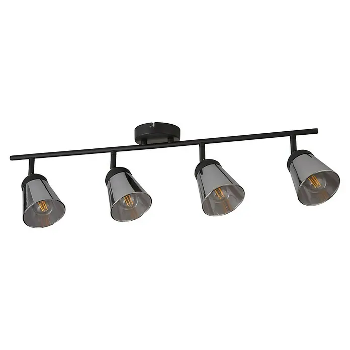 Searchlight Deckenstrahler Mega - 40 W, L x B x H: 83 x 24 x 16 cm, Schwarz/ Rauchglas, E14 - Strahler mit vier grauen Lampenschirmen an einer schwarzen Stange, ideal für eine stilvolle Beleuchtung im Raum.