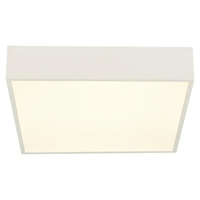 Searchlight LED-Deckenleuchte Zeus - 16 W, L x B x H: 30 x 30 x 6 cm, Weiß, Warmweiß - Nahaufnahme einer modernen, quadratischen LED-Deckenleuchte in Weiß, die ein helles, warmes Licht ausstrahlt und minimalistisches Design zeigt.