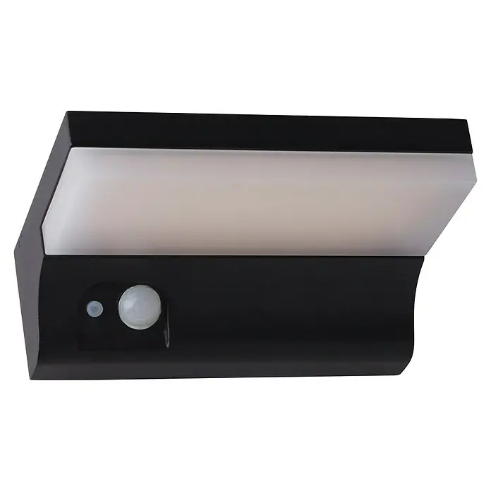Searchlight Solar-Außenwandleuchte - 2 W, L x B x H: 16 x 16 x 6 cm, Schwarz, IP54 - Nahaufnahme einer schwarzen, rechteckigen LED-Wandleuchte mit Bewegungssensor und einem milchig-weißen Leuchtbereich.