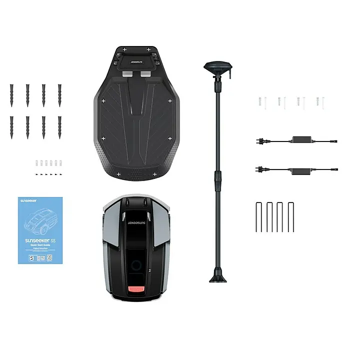 Sunseeker Mähroboter S5 - 1.600 m², Schnittbreite: 20 cm, Kamera-gestützte Navigation, RTK - Bild eines Sunseeker S5 Poolreinigers mit Zubehör, inklusive Ladestation und Bedienungsanleitung. Ein praktischer Helfer für saubere Pools.