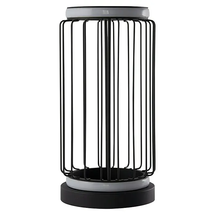 Searchlight LED-Tischleuchte rund Circolo - 12 W, Ø x H: 16 x 33 cm, Schwarz/ Weiß, Warmweiß - Nahaufnahme einer modernen zylindrischen Lampe mit einem weißen Lampenschirm und schwarzen Metallstäben, die ein stilvolles Lichtdesign präsentiert.