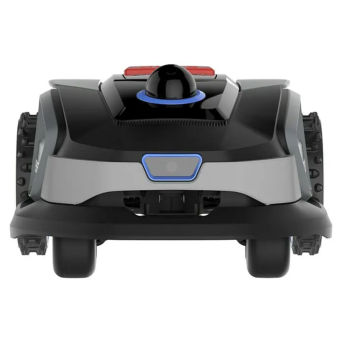 Sunseeker Mähroboter S4 - 1.000 m², Schnittbreite: 18 cm, Laser-gestützte Navigation, LiDAR - Frontansicht eines Roboter-Rasenmähers in Schwarz und Grau mit roten Akzenten, der für die Rasenpflege im Freien konzipiert ist.