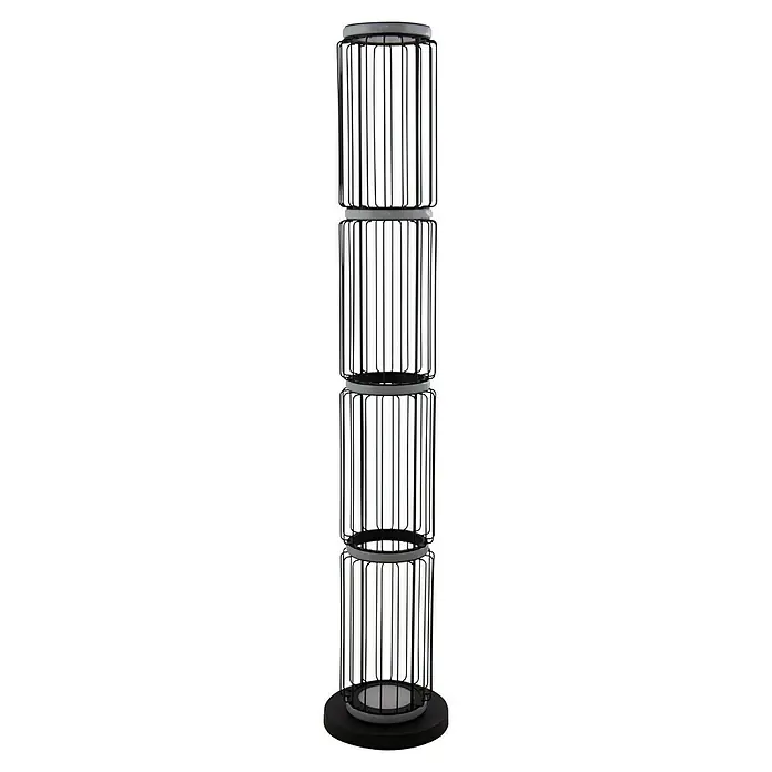 Searchlight LED-Stehleuchte Mother & Child - 35 W, Höhe: 117 cm, Schwarz/ Weiß - Aufnahme eines modernen, schwarzen Bücherregals mit mehreren Regalebenen und minimalistischem Design vor dunklem Hintergrund.