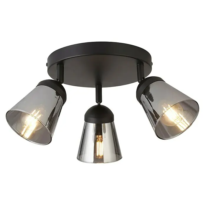 Searchlight Deckenstrahler Mega - 40 W, L x B x H: 42 x 42 x 11 cm, Schwarz, E14 - Deckenleuchte mit drei Rauchglas-Lampenschirmen und schwarzer Halterung, die eine stimmungsvolle Beleuchtung erzeugt.