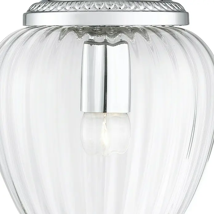Searchlight Pendelleuchte Moscow - 60 W, L x B x H: 22 x 22 x 33 cm, Chrom, E27 - Nahaufnahme einer eleganten Pendelleuchte mit einem klaren Glasschirm und Chromakzenten.