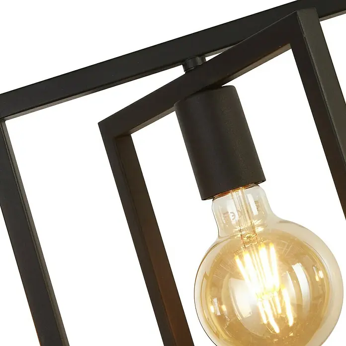 Searchlight Pendelleuchte Plaza - 60 W, L x B x H: 113,5 x 25 x 40 cm, Schwarz, E27 - Detailaufnahme einer stilvollen Pendelleuchte mit geometrischem Design und warmem Licht einer Glühbirne.