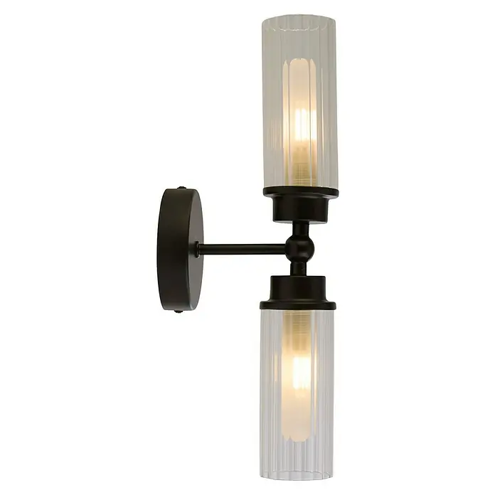 Searchlight Wandleuchte Imperial - 7 W, L x B x H: 37 x 14 x 10 cm, Schwarz, G9 - Wandleuchte mit zwei zylindrischen Glasschirmen und einer bronzefarbenen Halterung, die ein elegantes und modernes Ambiente schafft.