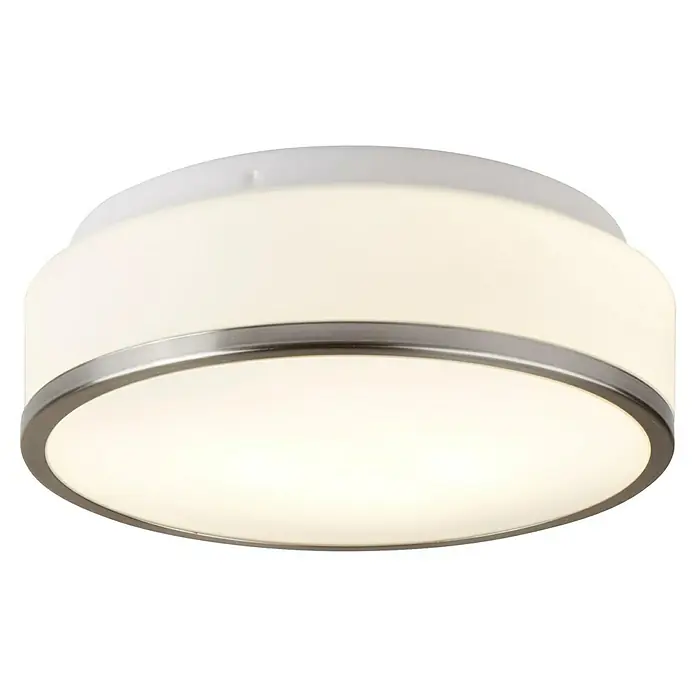 Searchlight Deckenleuchte Cheese - 60 W, L x B x H: 29 x 29 x 10 cm, Silber/ Weiß, E27 - Nahaufnahme einer runden Deckenleuchte mit weißem Diffusor und silberfarbenem Akzentring, die ein warmes, einladendes Licht ausstrahlt.
